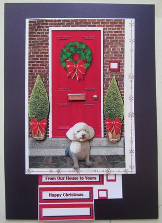 Bichon Frise Christmas Door Scene by Janice Saunders