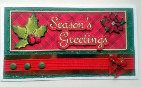Red Tartan Season's Greetings with Holly by Janice Saunders
