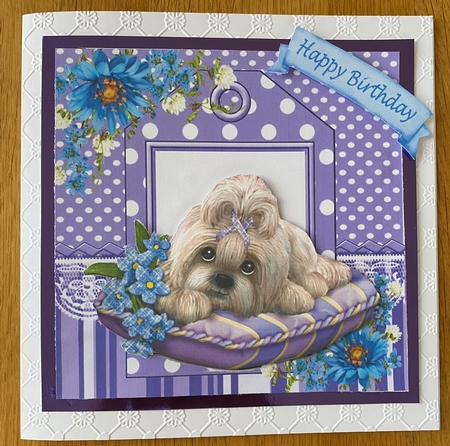 cute puppy on cushion with purple and blue flowers 7x7 by Jayne Taplin