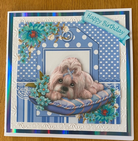 cute puppy on cushion with turq flowers 7x7 by Jayne Taplin