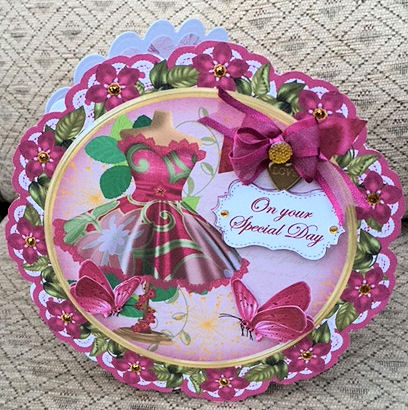 Cerise Floral Dress Special Day 8in Doily Decoupage Topper by Jayne Taplin