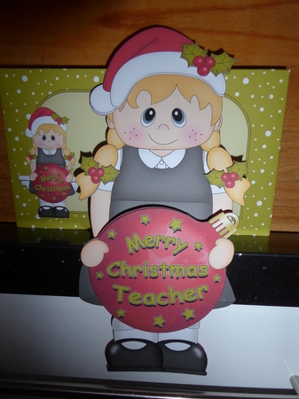 3D Christmas On the Shelf Card Kit -  Little Christmas Schoolgirl has an Xmas Bauble with Greetings Sentiments by Jean Harrison