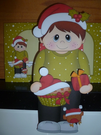 3D Christmas On the Shelf Card Kit - Cute Christmas Boy has a Fesive Cupcake by Jean Harrison