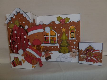 3D Shaped No-Hole Fold Back Christmas Card Mini Kit - Cute Bobbin Robins are Snowballing by Jean Harrison