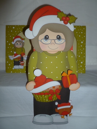 3D Christmas On the Shelf Card Kit - Cute Christmas Older Lady has a Festive Cupcake by Jean Harrison