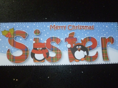 Large DL Merry Christmas SISTER 3D decoupage with Tartan Penguins by Jean Harrison