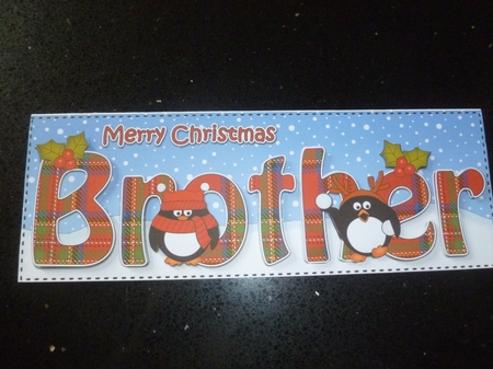 Large DL Merry Christmas BROTHER insert with Tartan Penguins by Jean Harrison