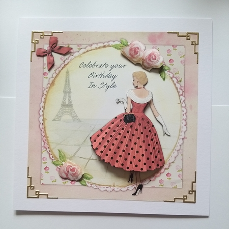 Chic lady in red & black polka dot dress female birthday card topper for 6x6 card  by Jean-Marie Penny