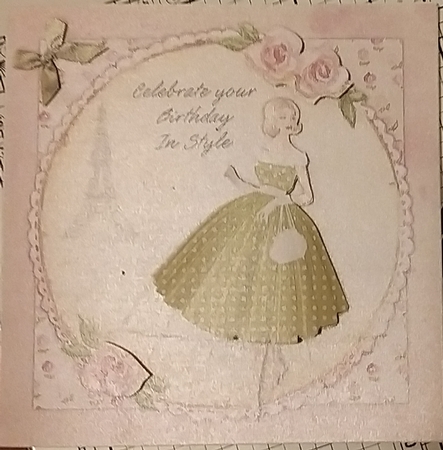 Chic lady in green & white polka dot dress female birthday card topper for 6x6 card by Jean-Marie Penny