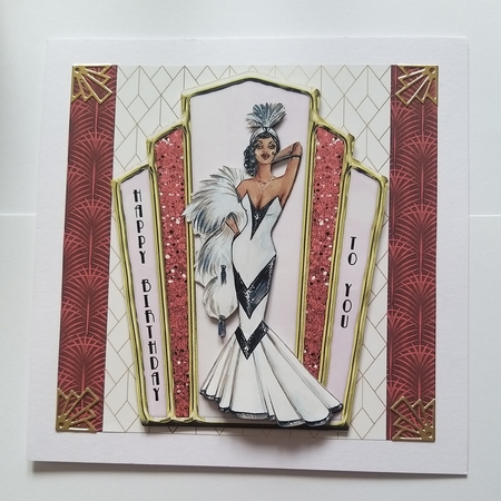 Art Deco female birthday card topper for 6x6 card with lady in black and white gown. by Jean-Marie Penny