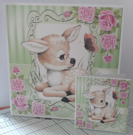 sweet little deer with pink roses 8x8 card front by Jean-Marie Penny