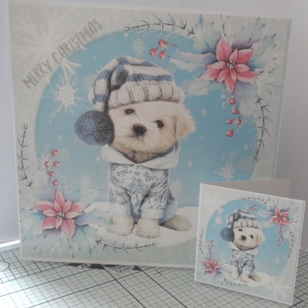 Cute westie in blue with snow 8x8 card front by Jean-Marie Penny