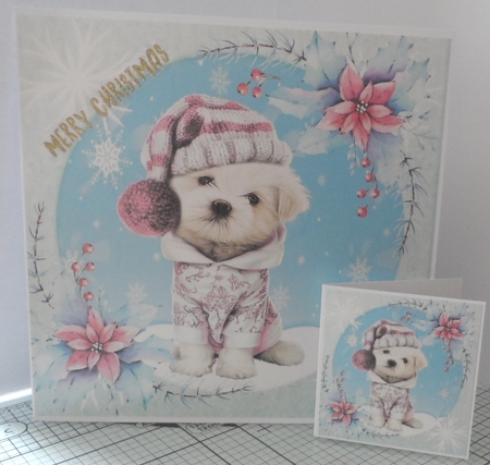 Cute westie in pink with snow 8x8 card front by Jean-Marie Penny