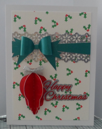 Christmas bauble with lace and bow topper by Jean-Marie Penny