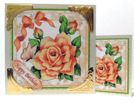 Pretty peach roses with bow and butterfly 7x7 by Jean-Marie Penny