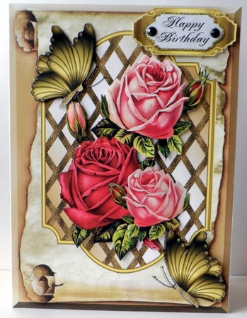 Pretty Roses on Lattice Frame on a Scroll with Butterflies by Jean-Marie Penny