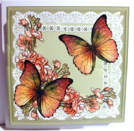 Butterflies and Flowers on Lace Shell Edged Corner Stacker by Jean-Marie Penny