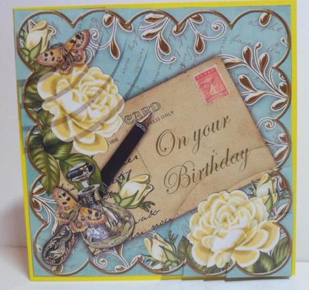 Lemon Roses Teal on Your Birthday 6in Duo Corner Stacker by Jean-Marie Penny