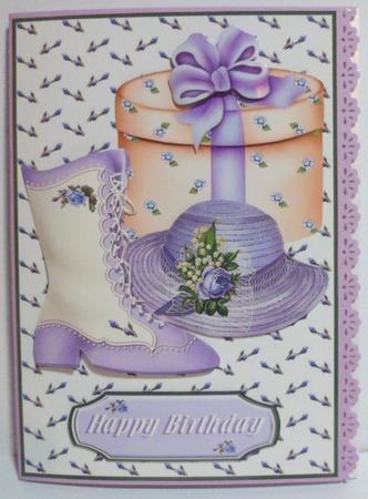 Victorian Birthday Boot Lavender Card Front by Jean-Marie Penny