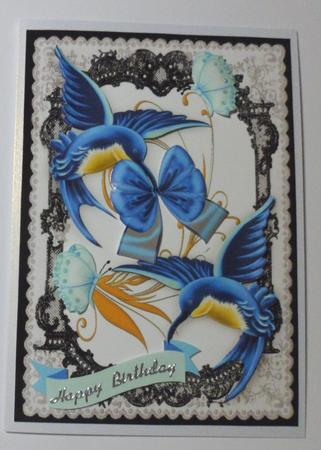 Beautiful Blue Humming Birds in Lace Frame by Jean-Marie Penny