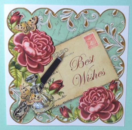 Pink Roses Aqua Best Wishes Scallop 8in Decoupage Topper by Jean-Marie Penny