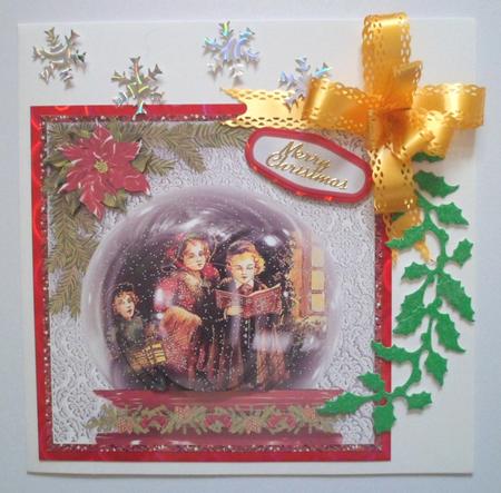 Carol Singers Snow Globe Pyramid Card Front by Jean-Marie Penny