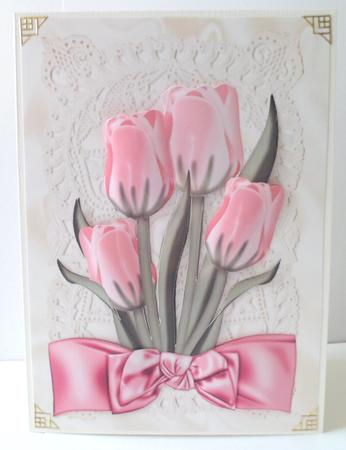 Pink Tulips on Vintage Lace with Bow by Jean-Marie Penny