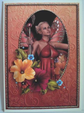 Fairy and Petunias Card Front Orange by Jean-Marie Penny