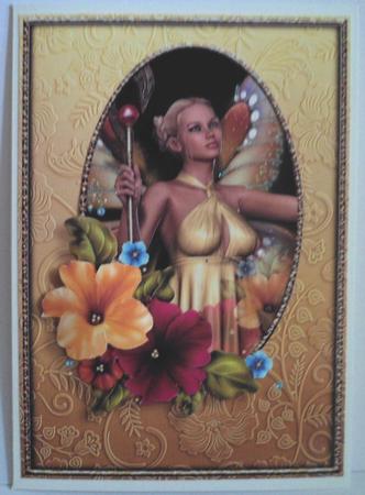 Fairy and Petunias Card Front Golden by Jean-Marie Penny