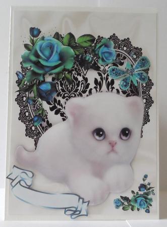 Little White Kitty on Black Lace Heart with Blue Roses by Jean-Marie Penny