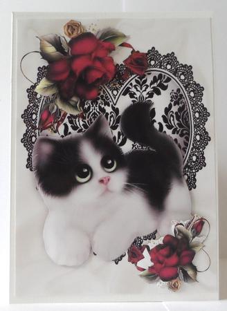 Cute Kitty with Red Roses on Lace Heart by Jean-Marie Penny