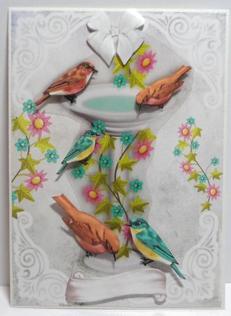 Bird Bath with Little Birds and Flowers by Jean-Marie Penny