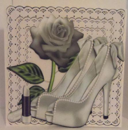 Pretty Silver and Pearl Shoes on Lace with Rose 8x8 by Jean-Marie Penny