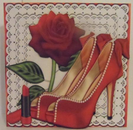 Pretty Red and Pearl Shoes with Bows on Lace with Rose 8x8 by Jean-Marie Penny