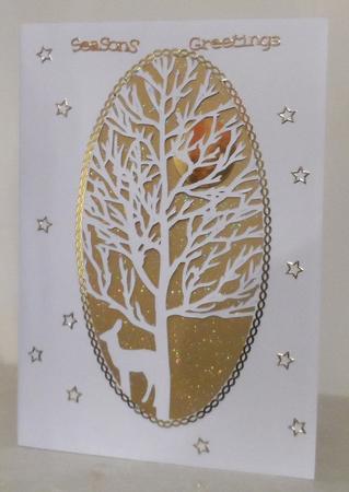 Christmas - Forest Tree And Deer Oval Card by Jean Pennington