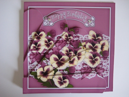 Pretty pansies and Lace Birthday Fan Pyramage Topper by Jean Shevill-
