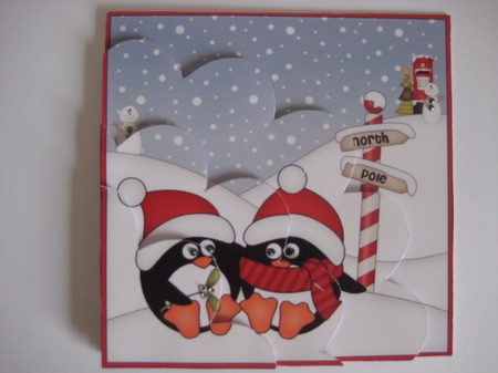 Christmas Penguins find love at the North Pole Shell Edged Stacker by Jean Shevill-