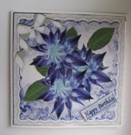 Pretty Blue Flowers with Lace and White Bow 8x8 by Jean Shevill-