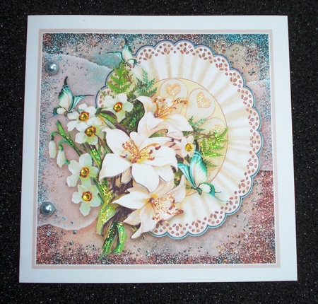 Lilies and Butterflies on a Broderie Anglaise Doily 8x8 Deco by Jennie Furness