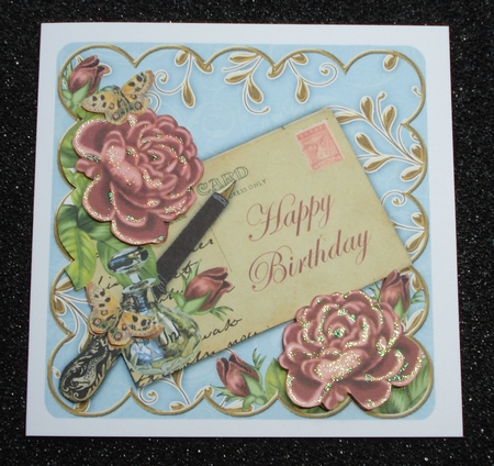 Deep Pink Roses Teal Happy Birthday 3D Decoupage Card Kit by Jennie Furness
