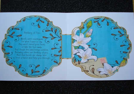White Lily Swirls Teal 7x5in Fancy Bracket Folded Card by Jennie Furness