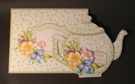 Teapot Shape Card Green & Peach Floral & Decoupage Card Kit by Jennie Furness