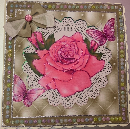Pretty pink rose and butterflies on lace in ornate frame 8x8 by Jennie Settle