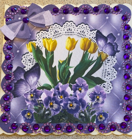 Pretty yellow tulips and purple pansies with butterflies on lace in ornate frame 8x8 by Jennie Settle