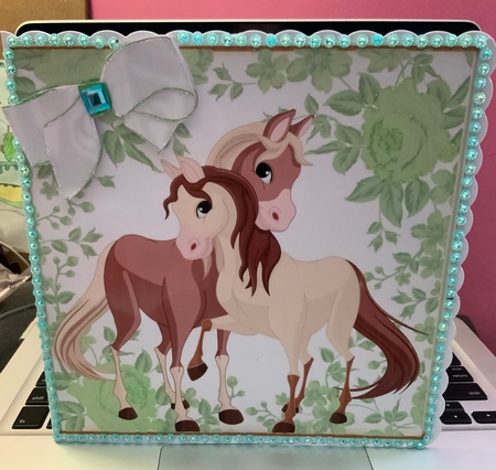 Lovely cuddling horses in rose frame 8x8 by Jennie Settle