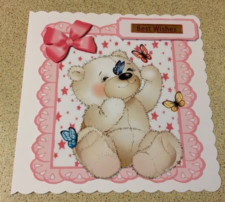 star and pink eyelet frame 8x8, with white teddy bear & butterflies by Jennie Settle
