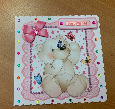 star and pink eyelet frame 8x8, with white teddy bear & butterflies by Jennie Settle