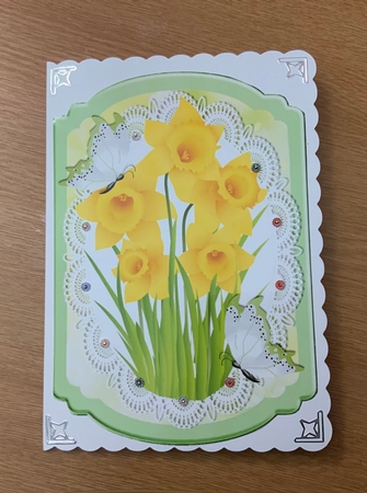 Pretty spring daffodils on lace with butterflies bracket card by Jennie Settle