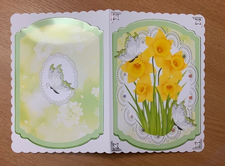 Pretty spring daffodils on lace with butterflies bracket card by Jennie Settle