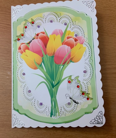 Pretty spring coloured tulips on lace with butterflies bracket card by Jennie Settle